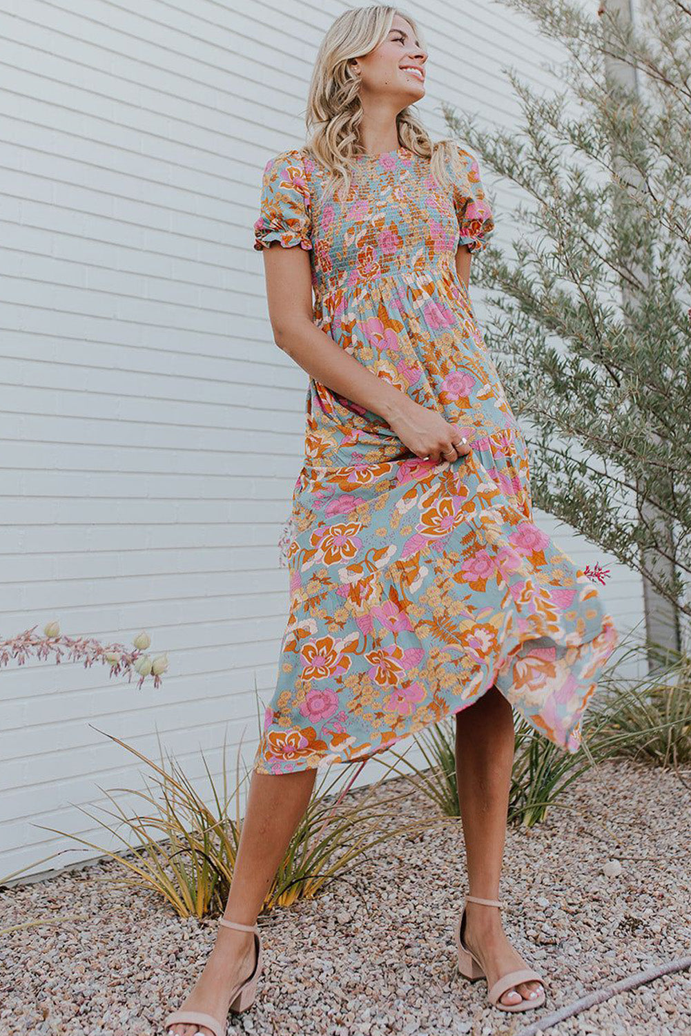 Women's Sky Blue Floral Smocked Ruffle Dress | Bubble Sleeves