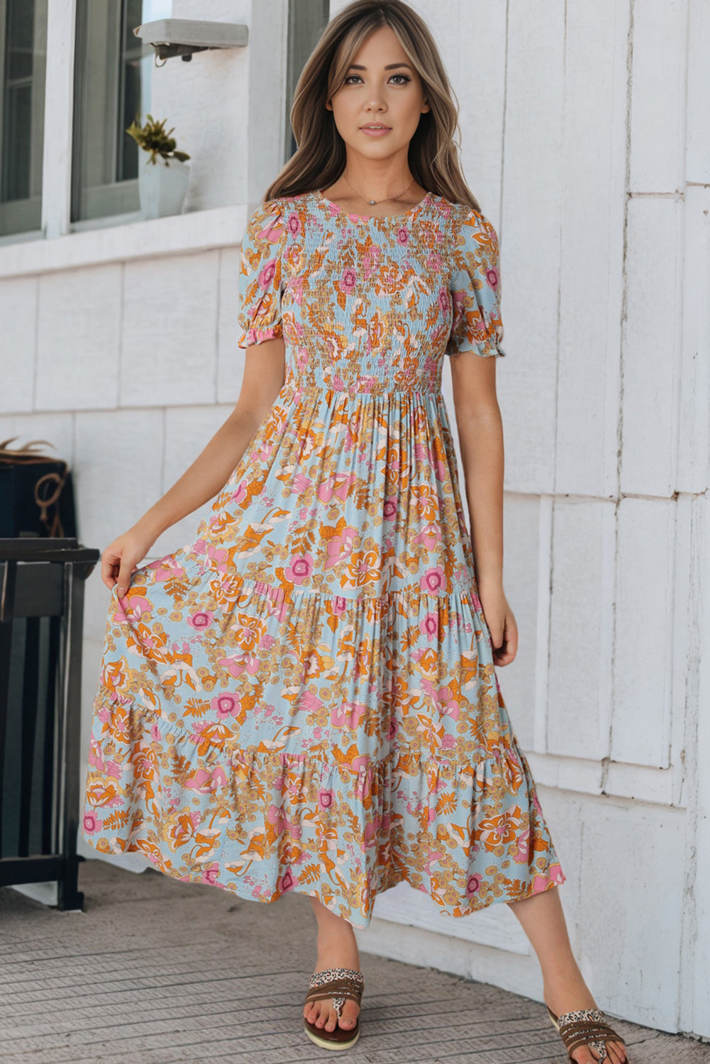 Women's Sky Blue Floral Smocked Ruffle Dress | Bubble Sleeves