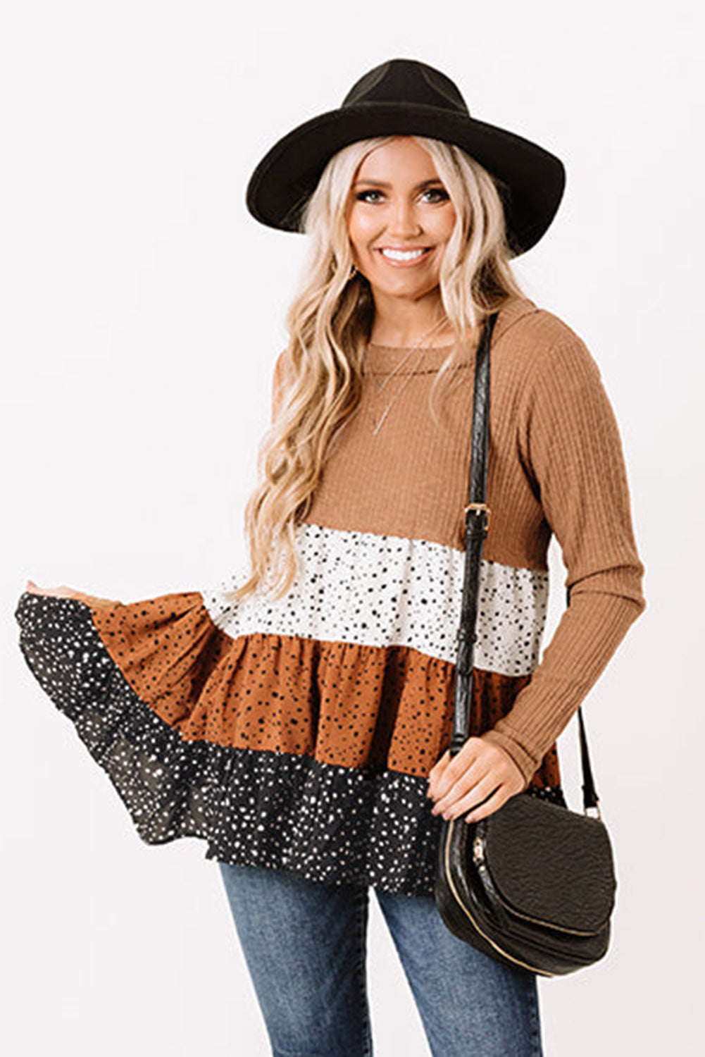 Women's Brown Tiered Ruffle Top | Ribbed Long-Sleeve Flowy Blouse