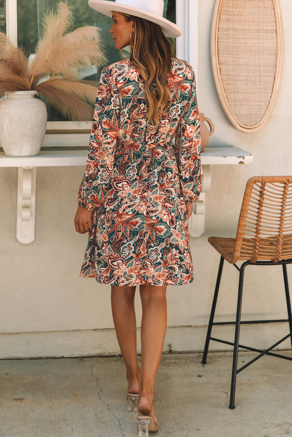 Women's Brown Geometric Print Surplice Dress | Long-Sleeve Flowy Dress