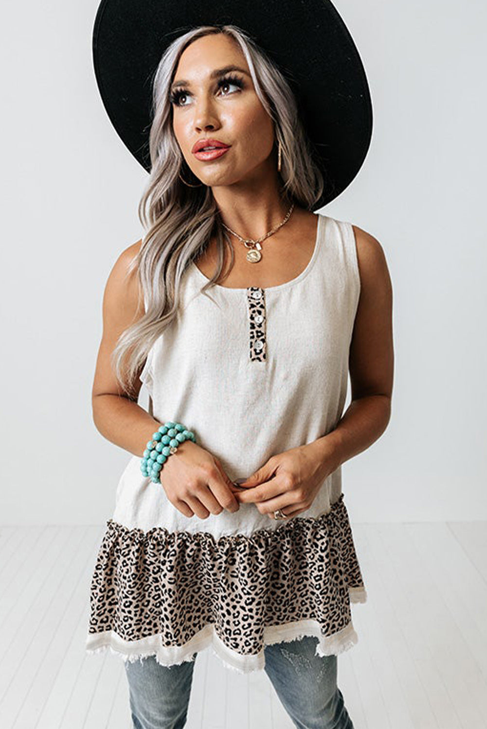Women's White Leopard Peplum Tank Top | Button-Front, Sleeveless