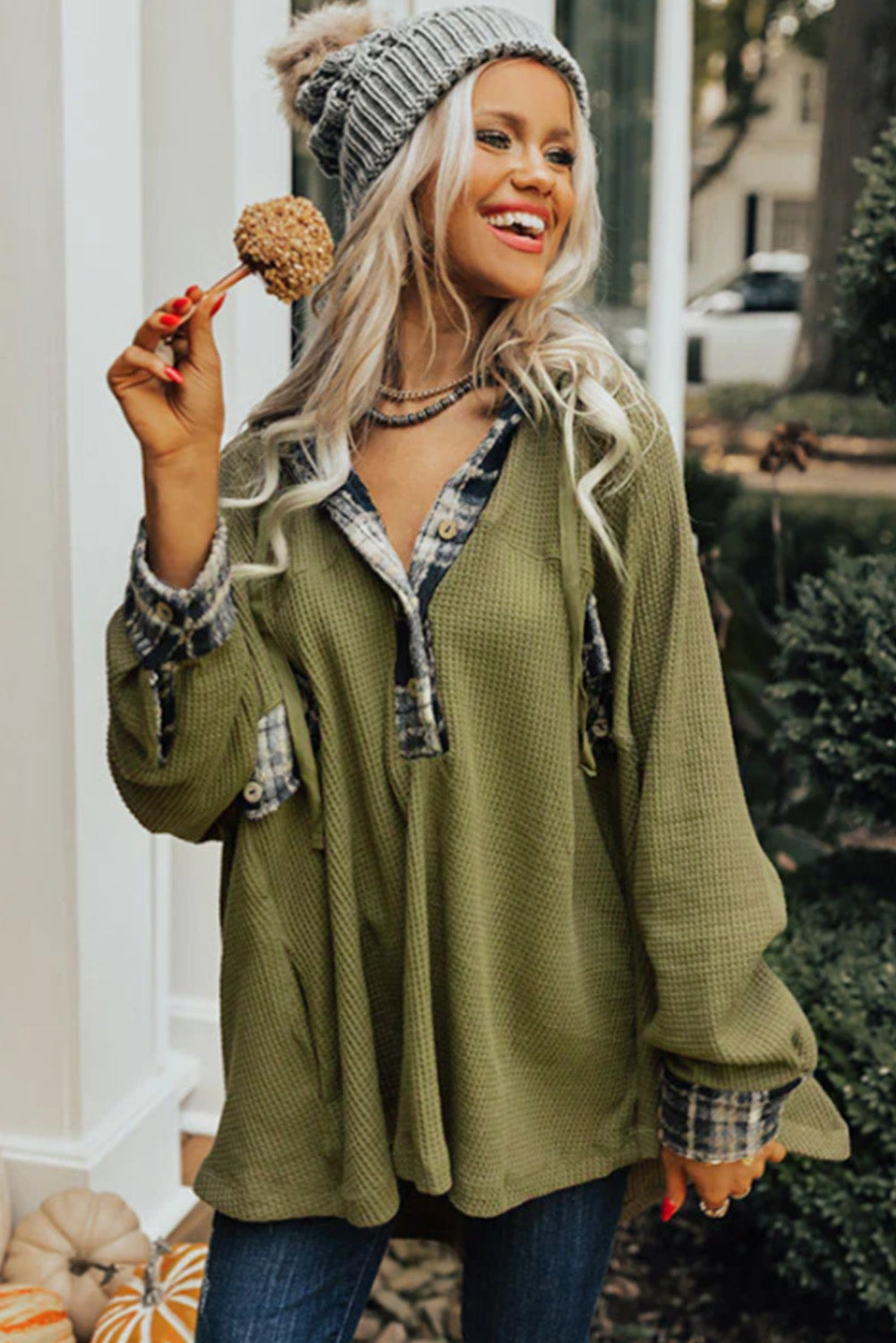 Women's Green Waffle Knit Henley Hoodie | Oversized, Plaid Trim