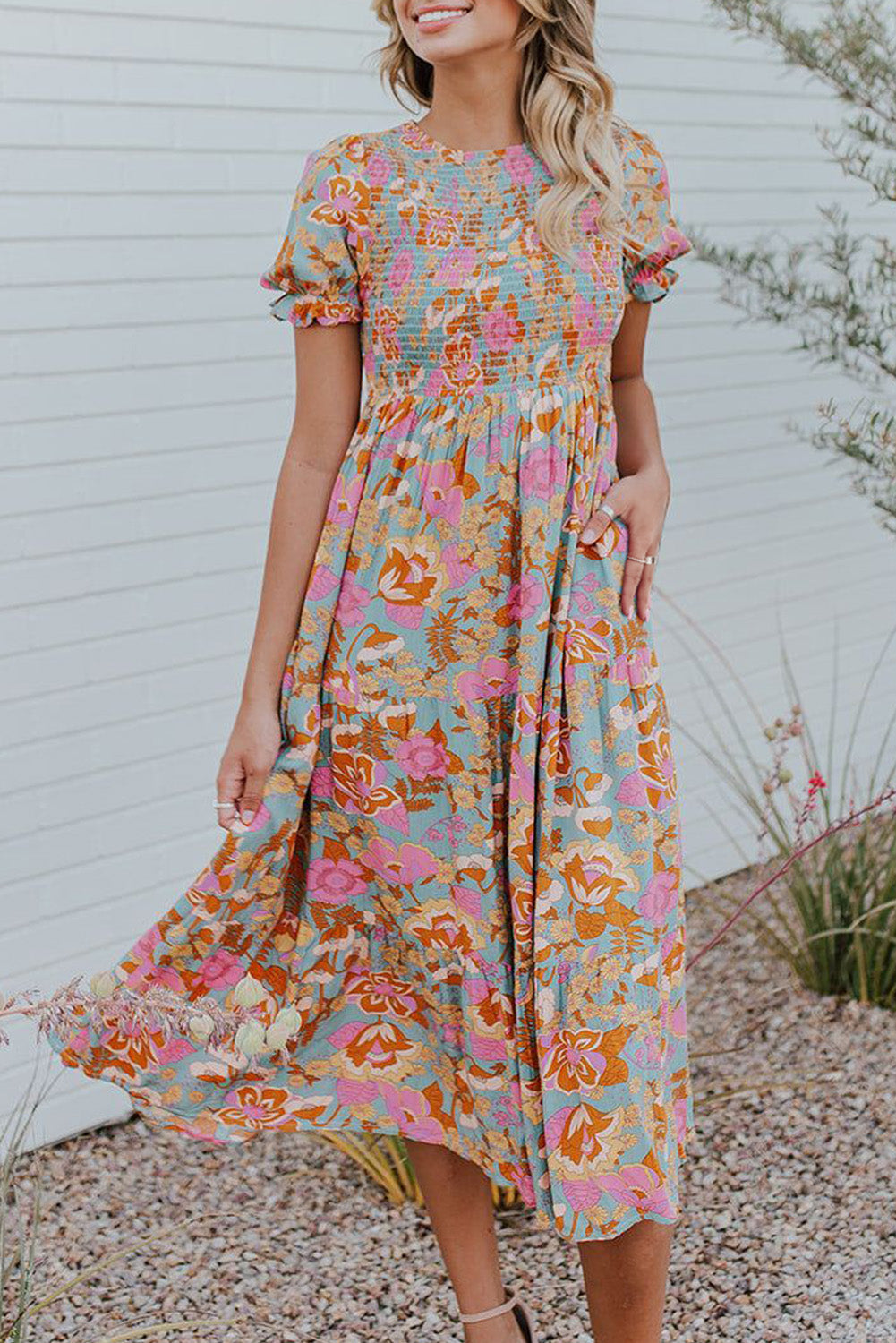 Women's Sky Blue Floral Smocked Ruffle Dress | Bubble Sleeves