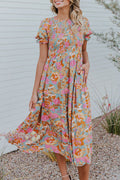 Women's Sky Blue Floral Smocked Ruffle Dress | Bubble Sleeves