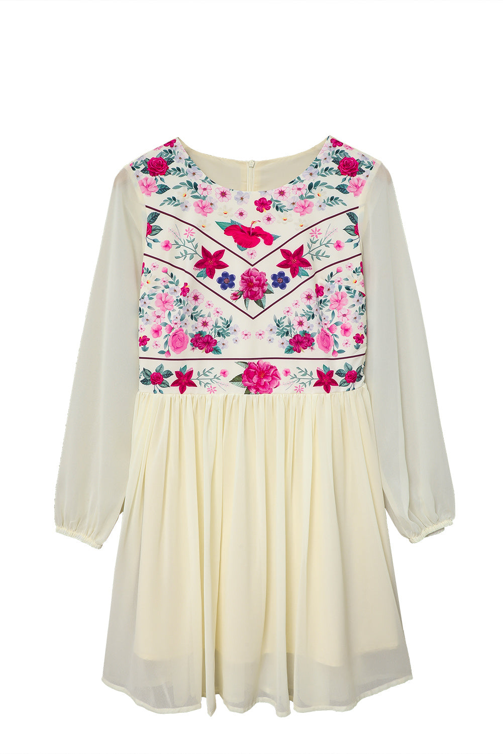 Women's White Floral Mesh Dress | Long-Sleeve, Fully Lined