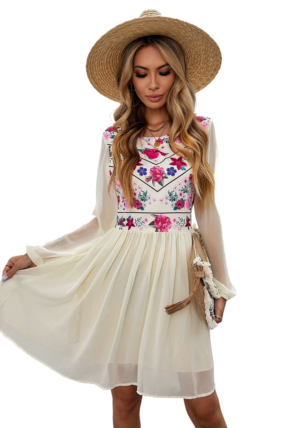 Women's White Floral Mesh Dress | Long-Sleeve, Fully Lined