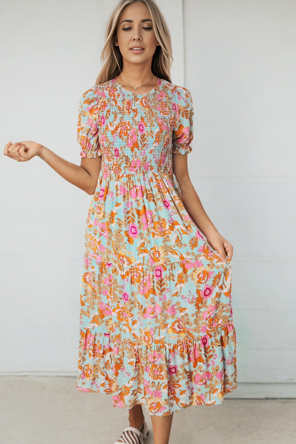 Women's Sky Blue Floral Smocked Ruffle Dress | Bubble Sleeves