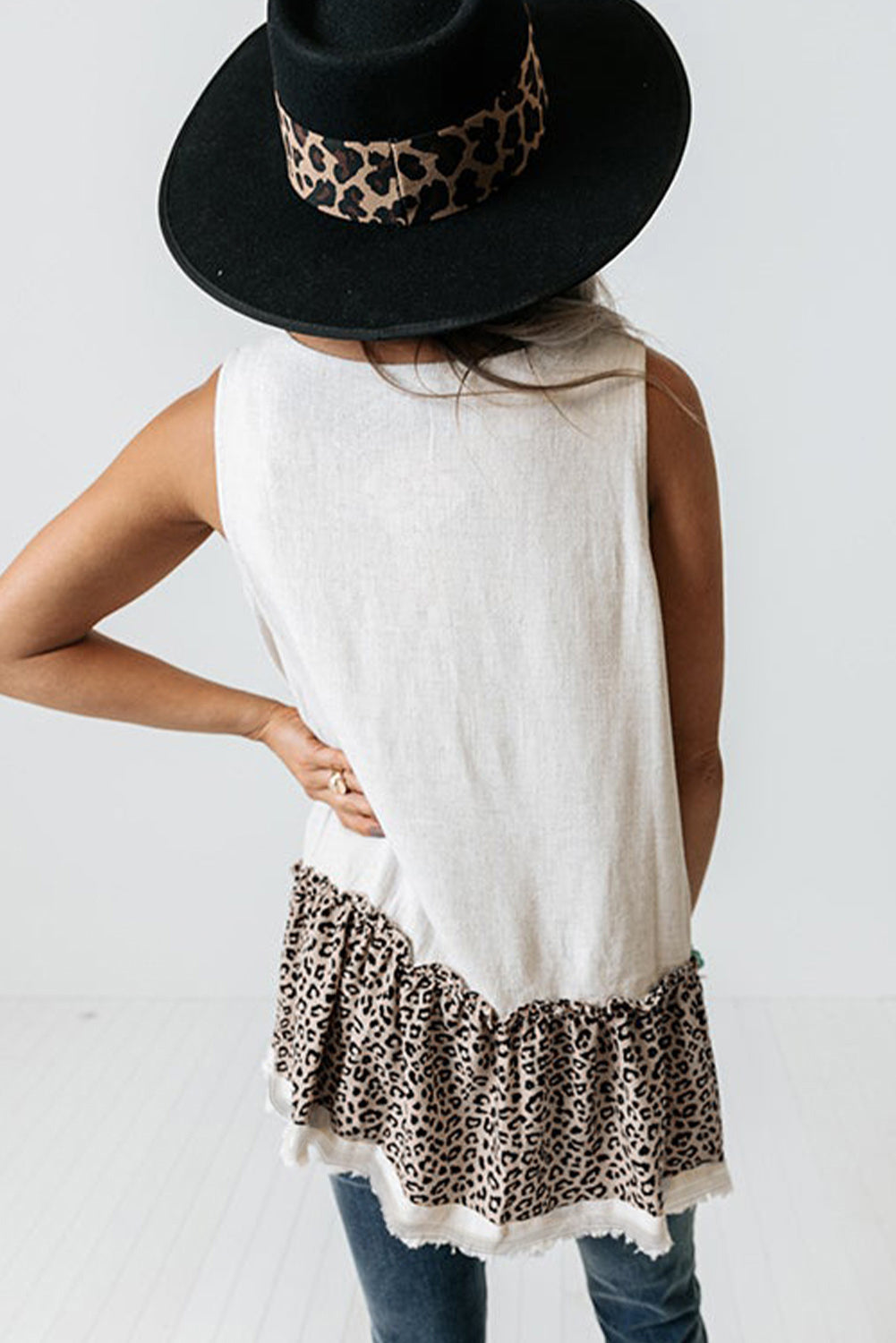 Women's White Leopard Peplum Tank Top | Button-Front, Sleeveless