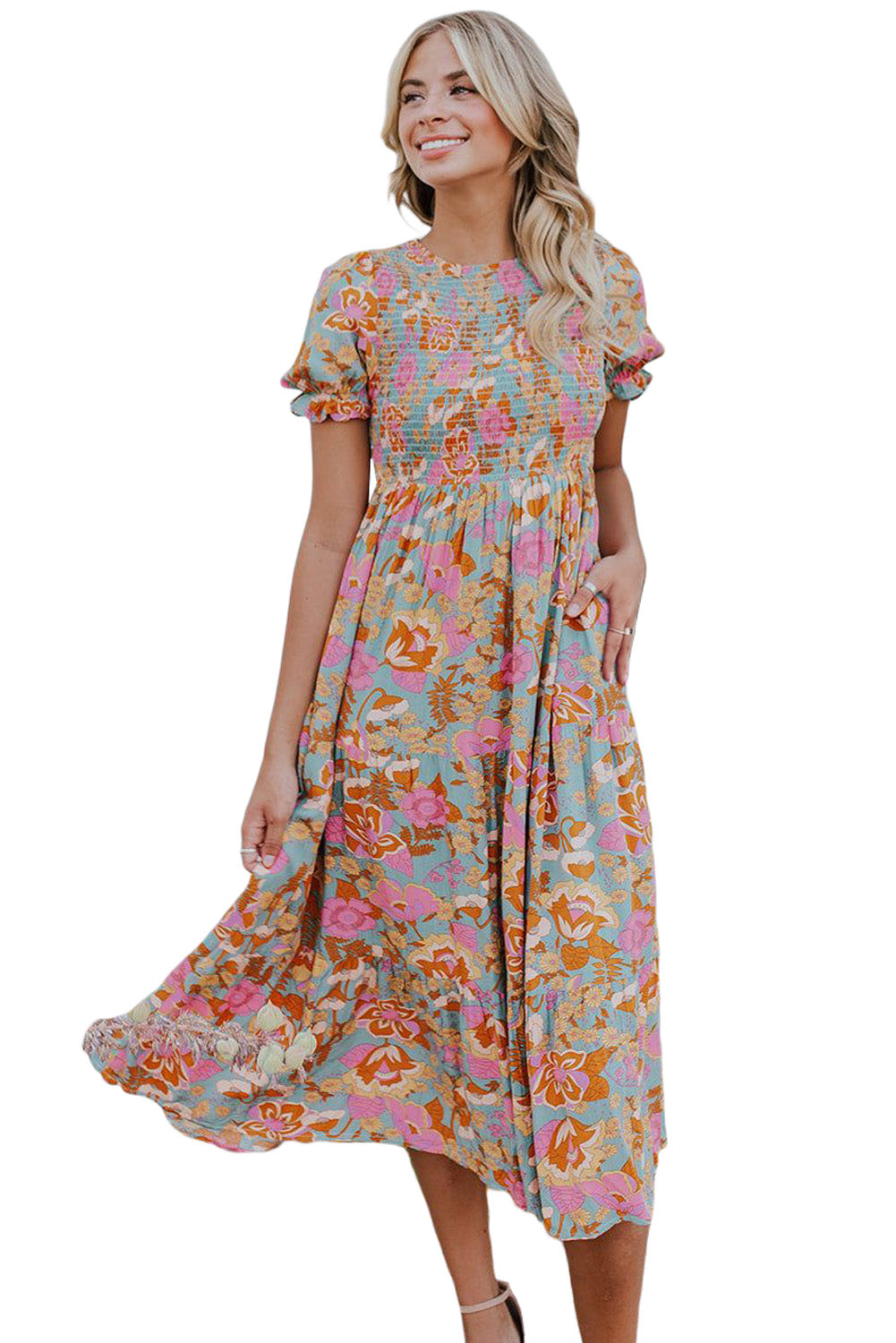 Women's Sky Blue Floral Smocked Ruffle Dress | Bubble Sleeves