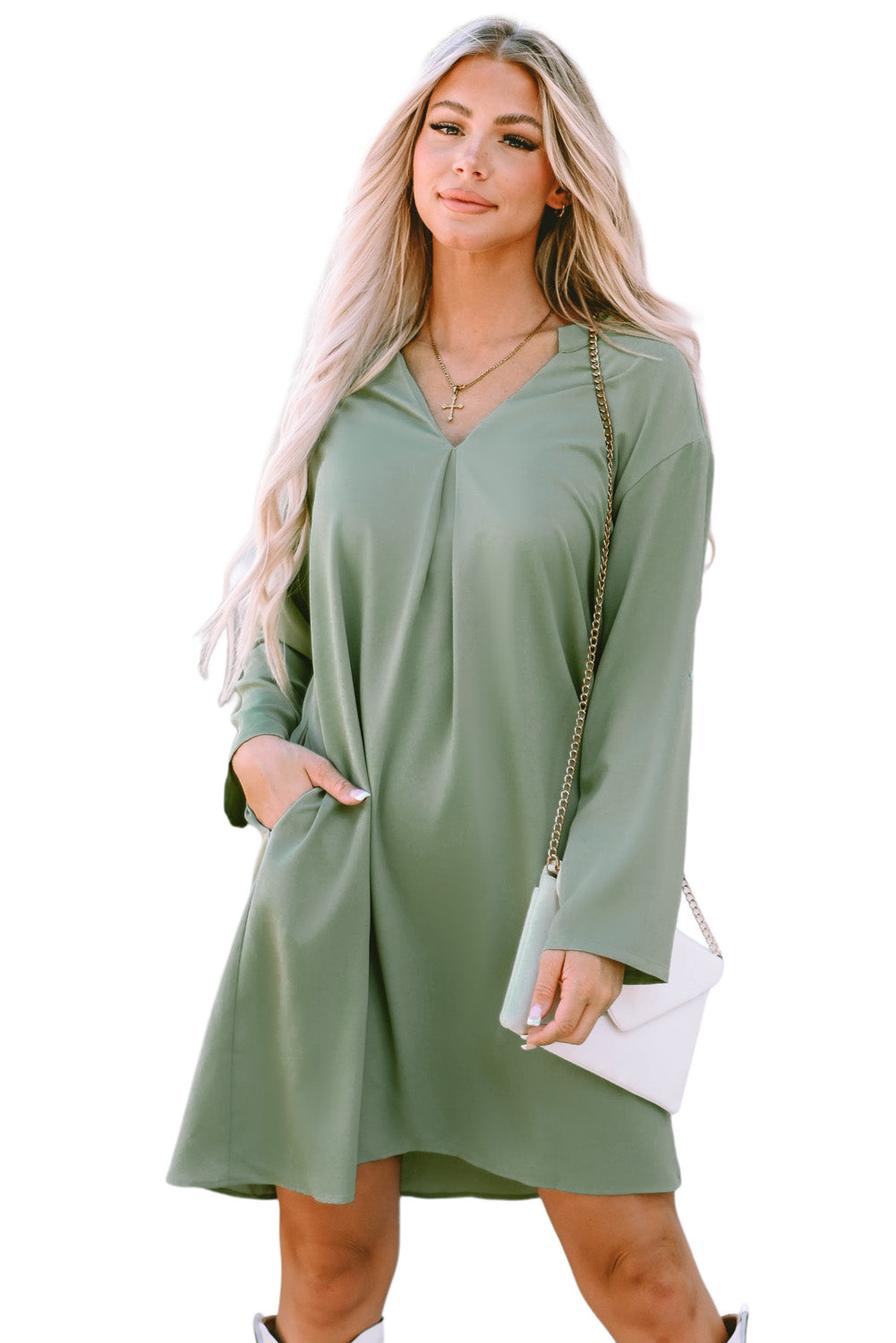Women's Green Roll-Tab Sleeve Dress | Notched V-Neck, Flowy