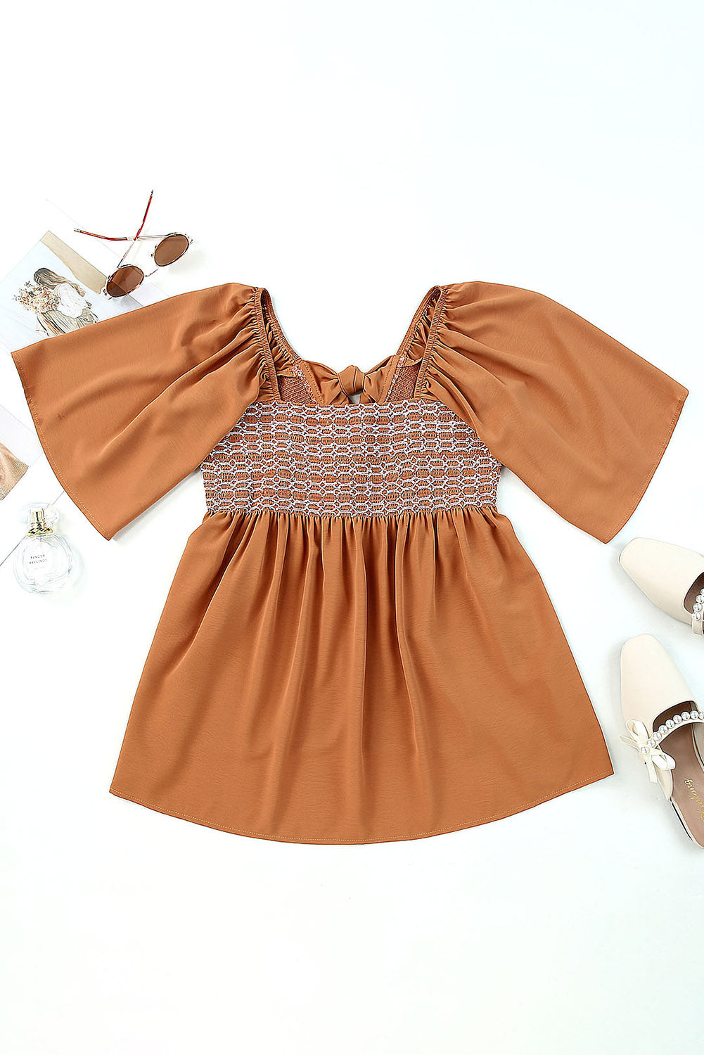 Women's Brown Square-Neck Babydoll Top | Wide-Sleeve Flowy Blouse