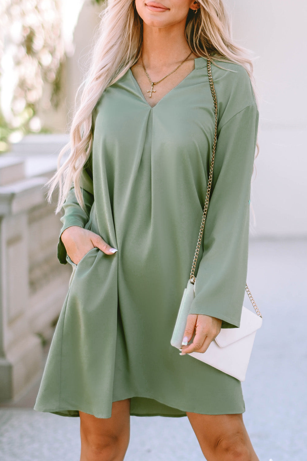 Women's Green Roll-Tab Sleeve Dress | Notched V-Neck, Flowy