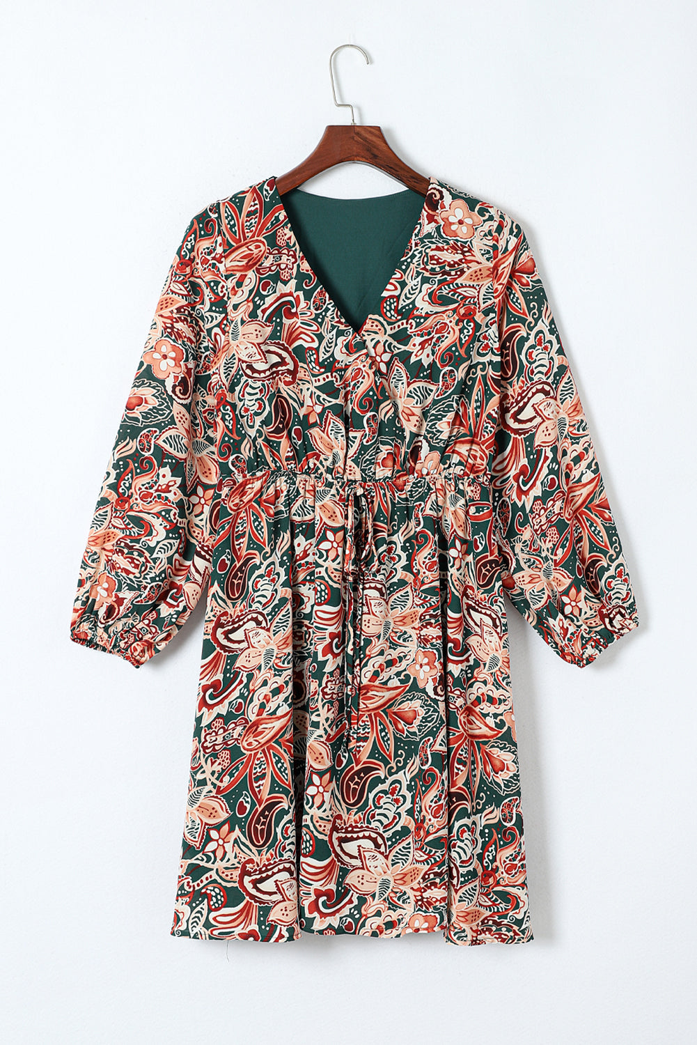 Women's Brown Geometric Print Surplice Dress | Long-Sleeve Flowy Dress