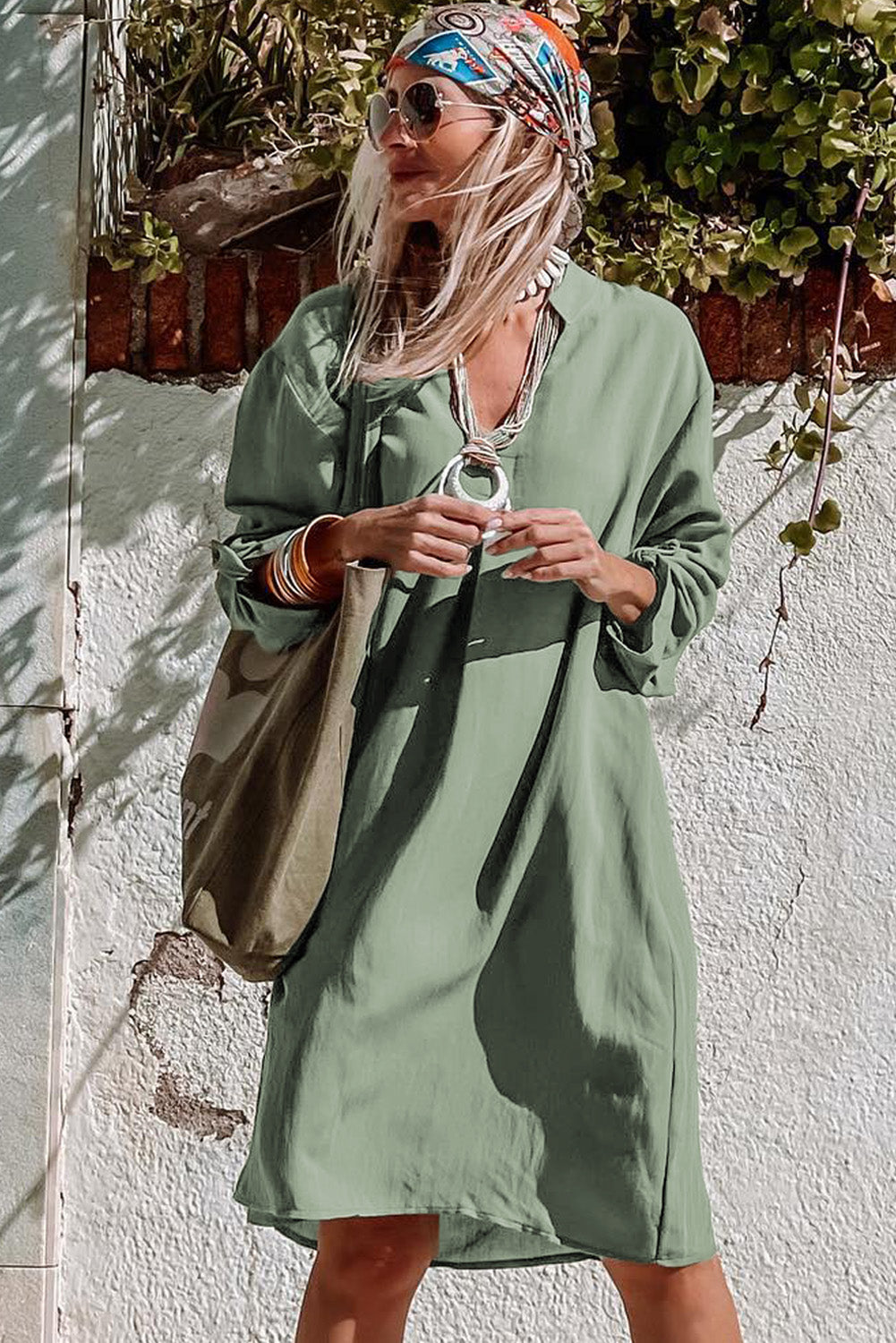 Women's Green Roll-Tab Sleeve Dress | Notched V-Neck, Flowy