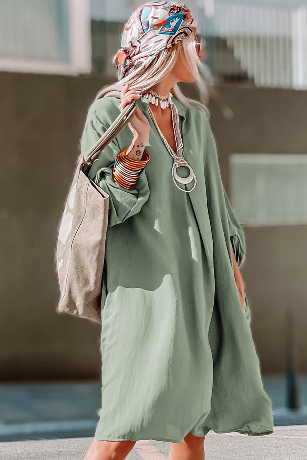Women's Green Roll-Tab Sleeve Dress | Notched V-Neck, Flowy